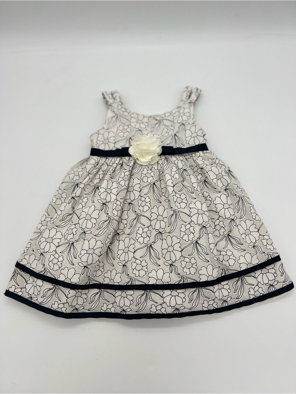 Youngland Baby Girl White Black Floral Embroidered Dress Sz 24 Months